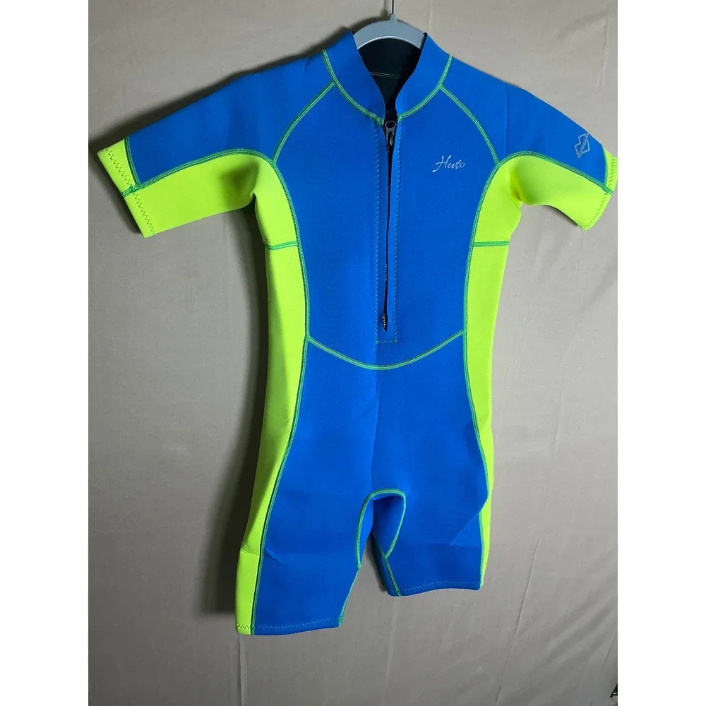 Hevto Kids Wetsuit Shorty Blue Lime Green 2mm Neoprene Front Zip Size 12 Youth